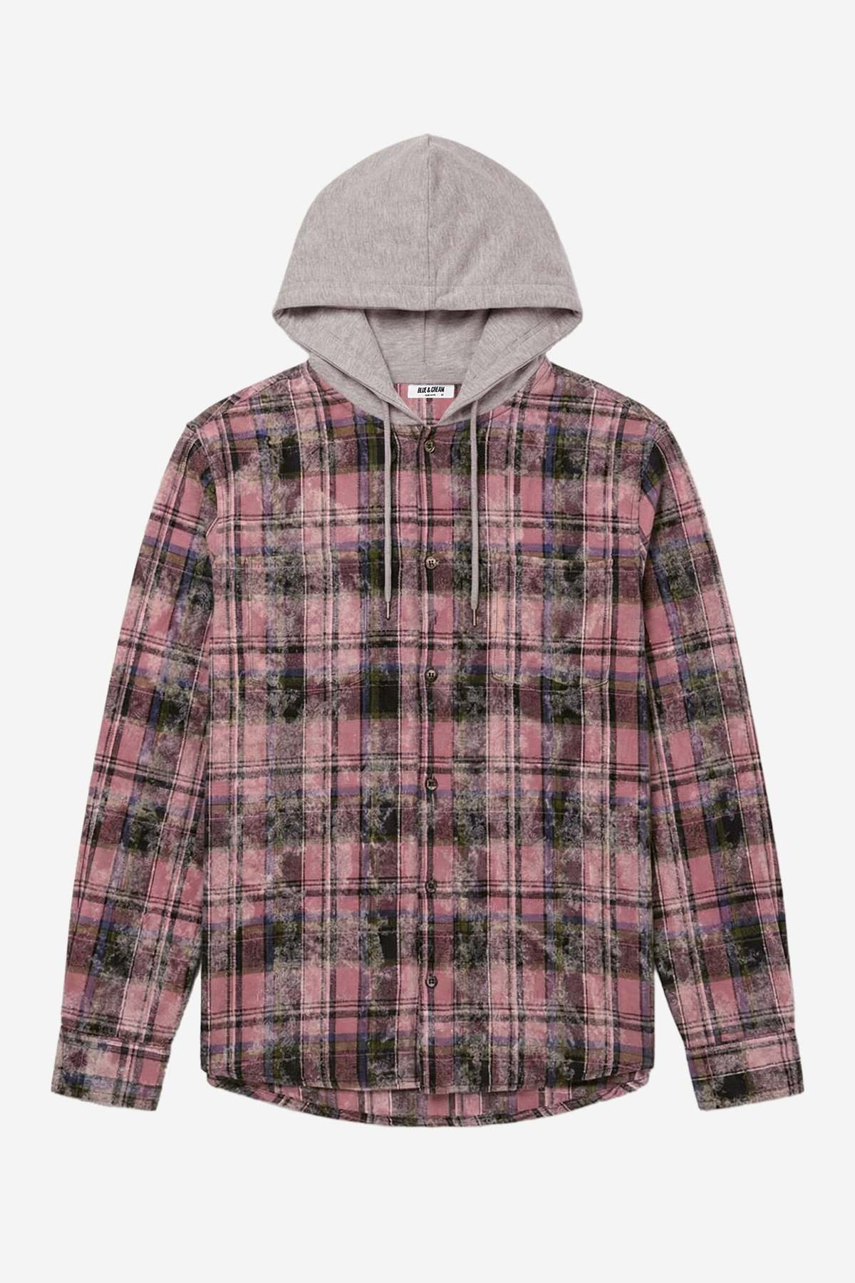 Blue&Cream Dylan Distressed Flannel - Pink Plaid w/ Grey Hood - Image 1 of 6