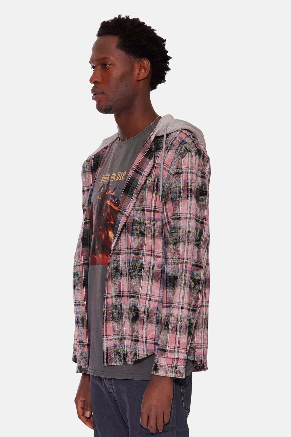 Blue&Cream Dylan Distressed Flannel - Pink Plaid w/ Grey Hood - Image 4 of 6