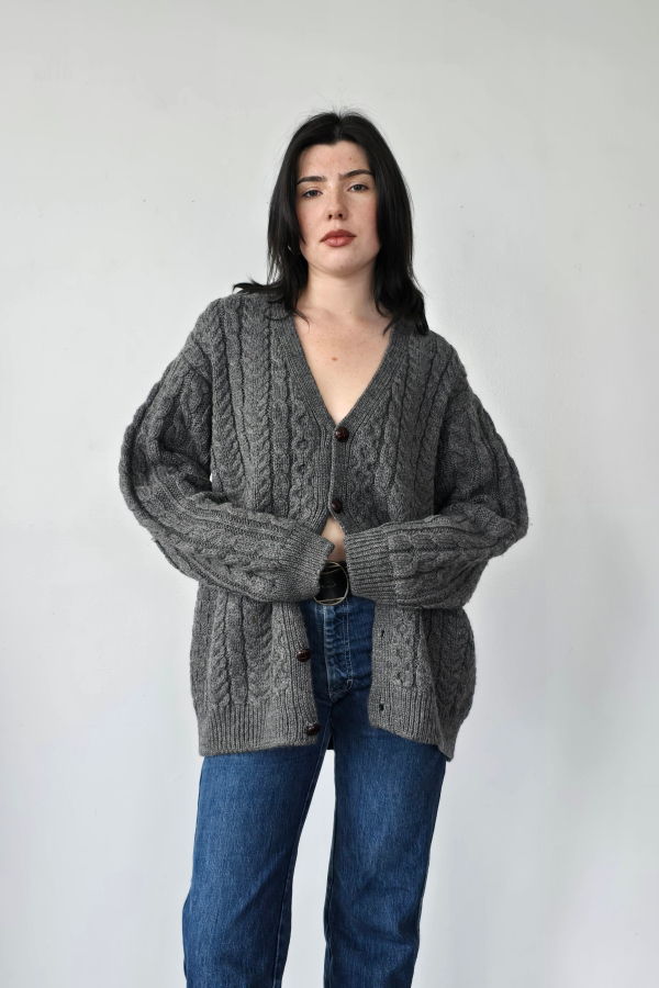 Vintage Grey Irish Wool Cableknit Cardigan