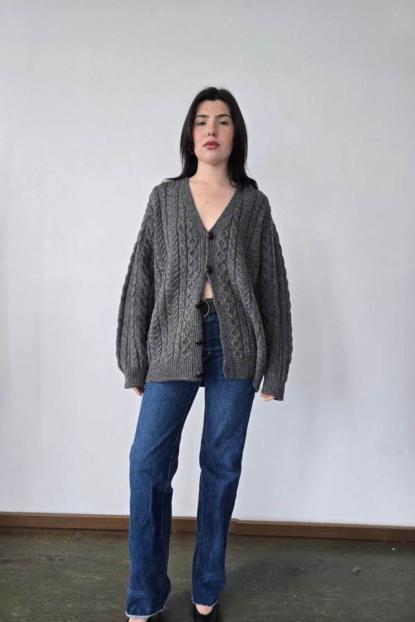 Vintage Grey Irish Wool Cableknit Cardigan