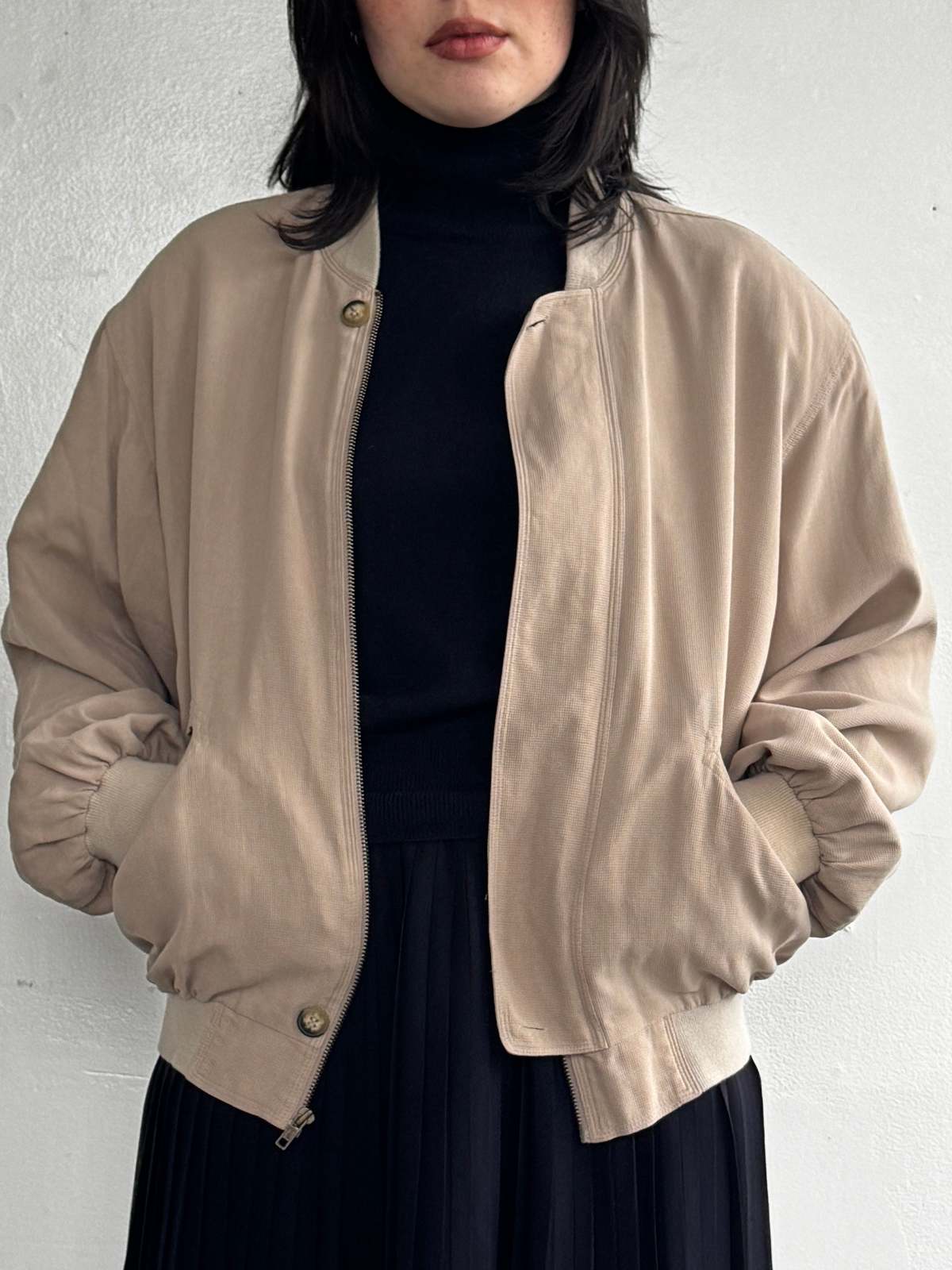 Vintage Sand Silk Bomber Jacket - Image 1 of 4