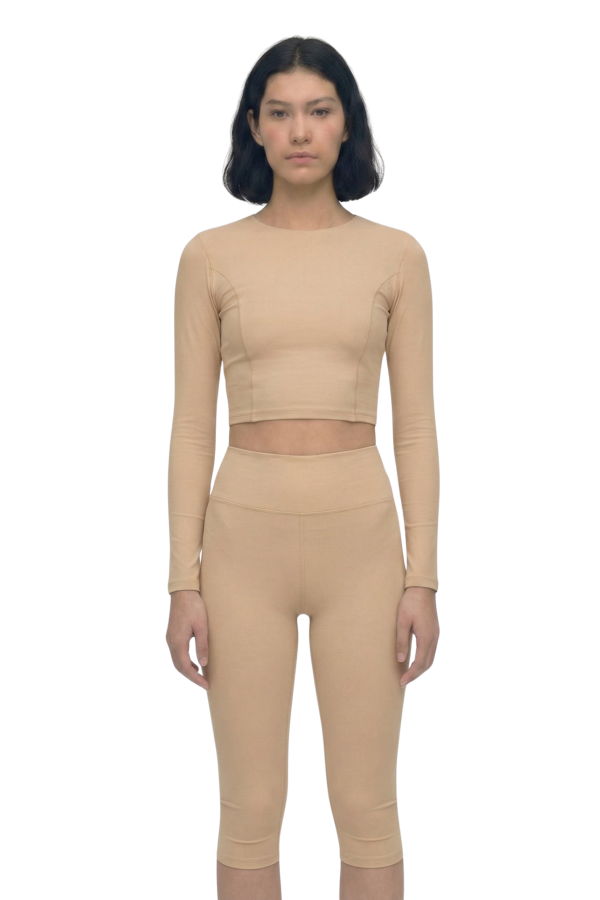 hauslabel LONG SLEEVE CROPPED TOP - CAMEL