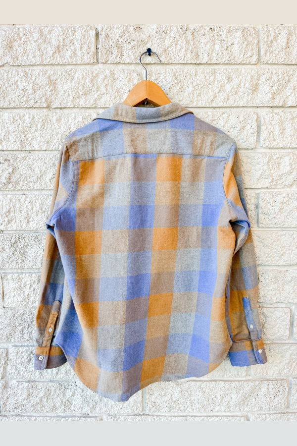Frank & Eileen Relaxed Button-Up Shirt Top - Large Blue/Camel Check