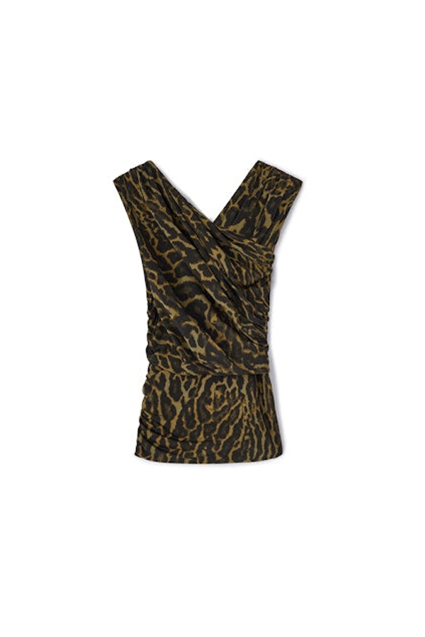 Ganni Printed Shiny Jersey Ruched Blouse