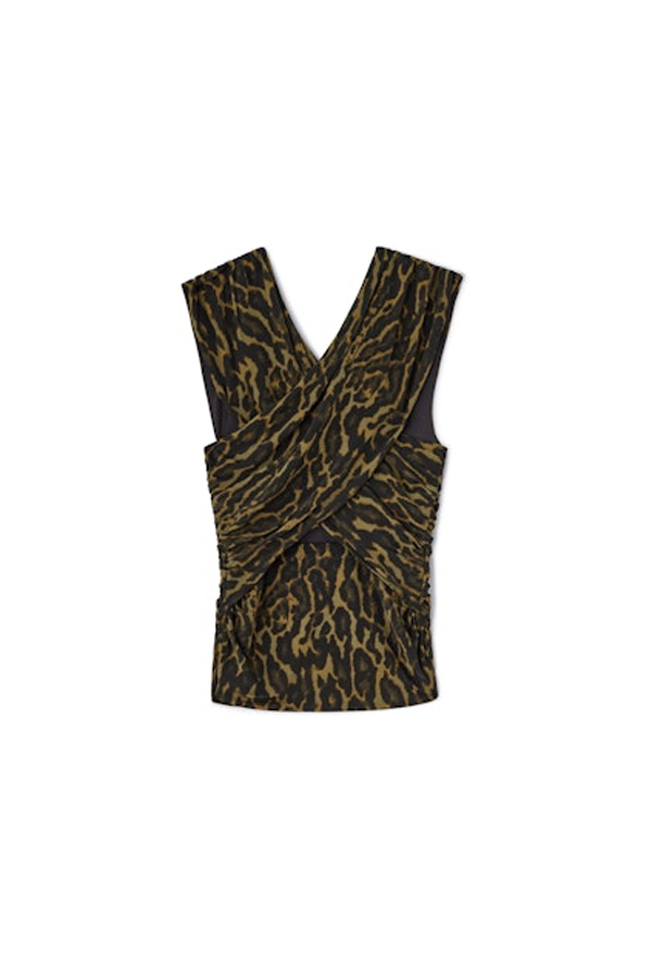 Ganni Printed Shiny Jersey Ruched Blouse