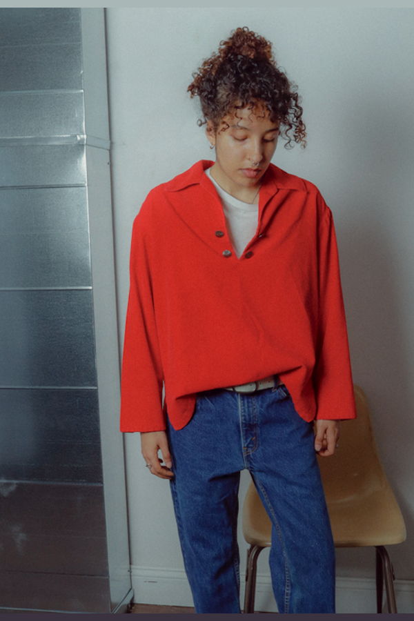 Vintage 70s Corduroy Button Sailor Top - Red