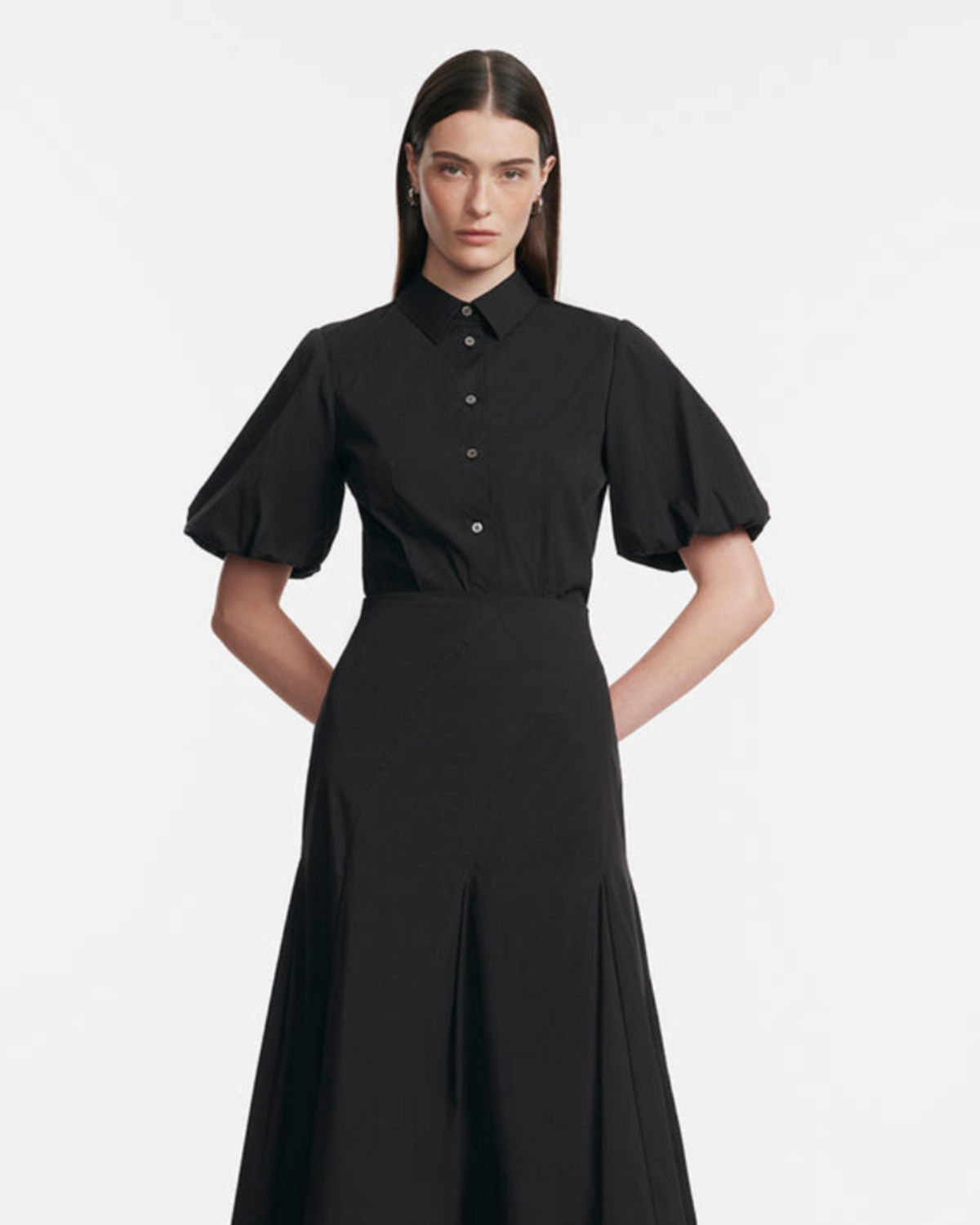 Lela Rose Cotton Poplin V-Neck Button Down Top - Black - Image 2 of 3