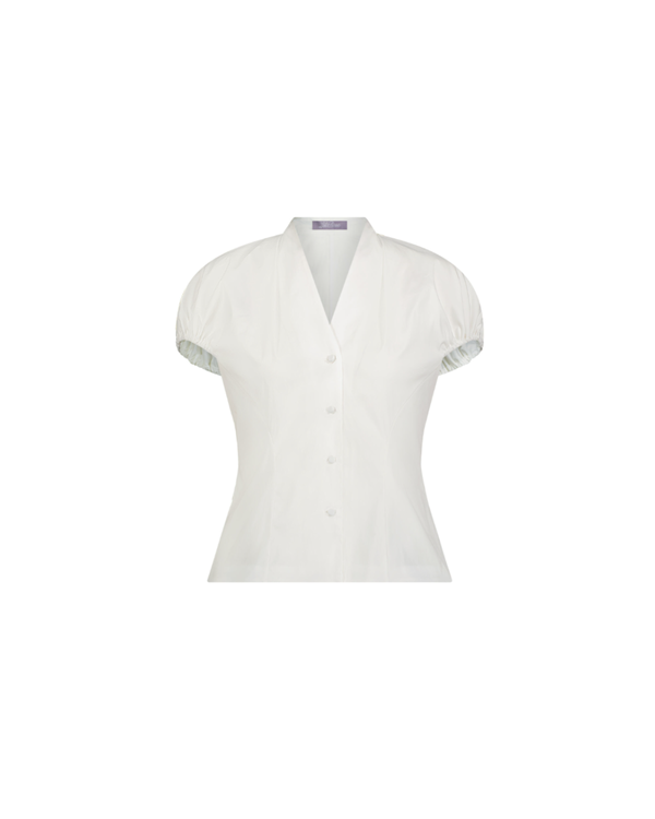 Lela Rose Cotton Poplin V-Neck Button Down Top - White