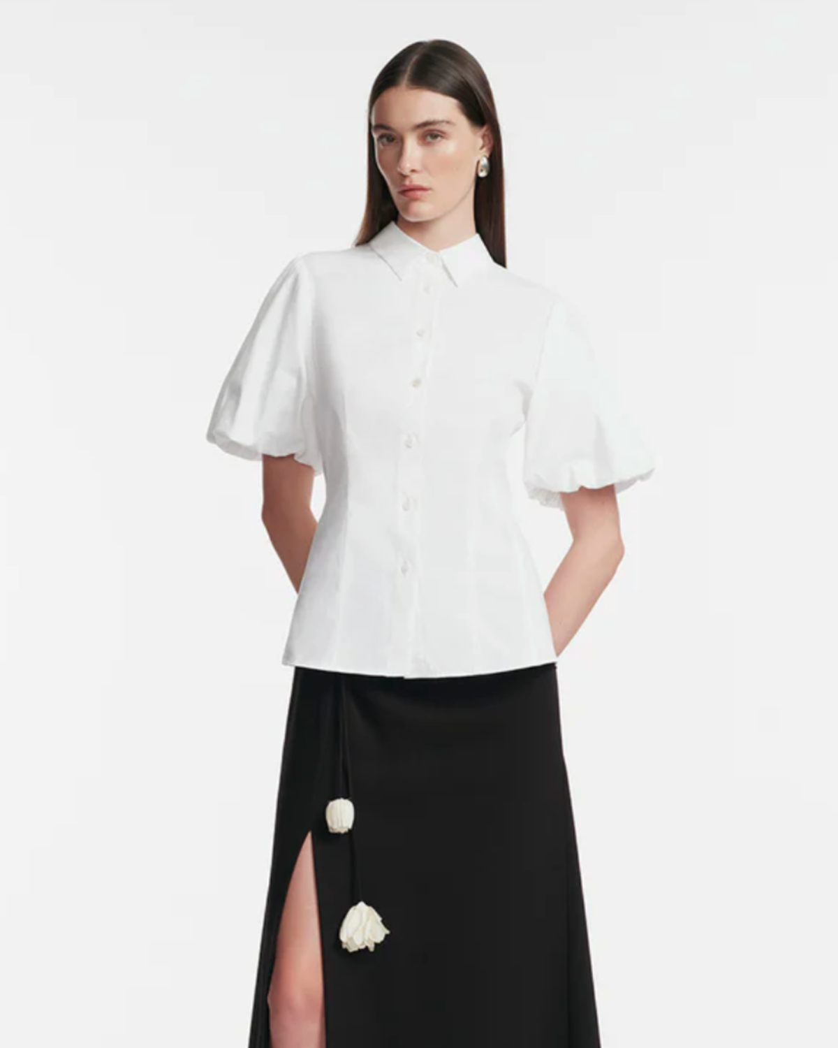 Lela Rose Cotton Poplin V-Neck Button Down Top - White - Image 2 of 3