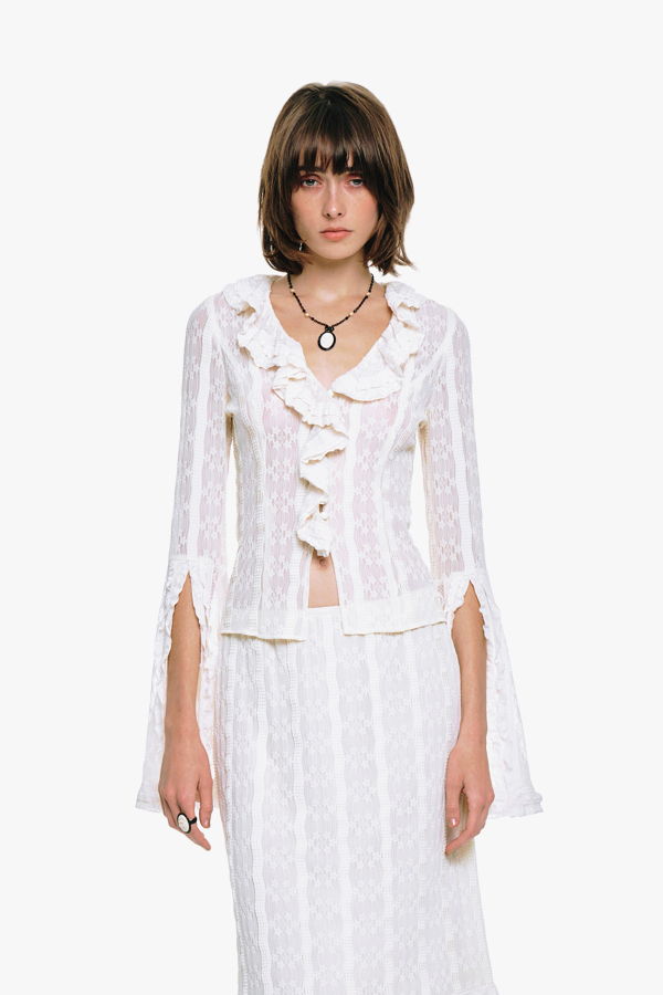 Anna Sui Floral Ruffle Stretch Lace Blouse