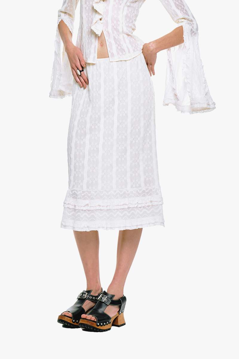 Anna Sui Floral Ruffle Stretch Lace Skirt