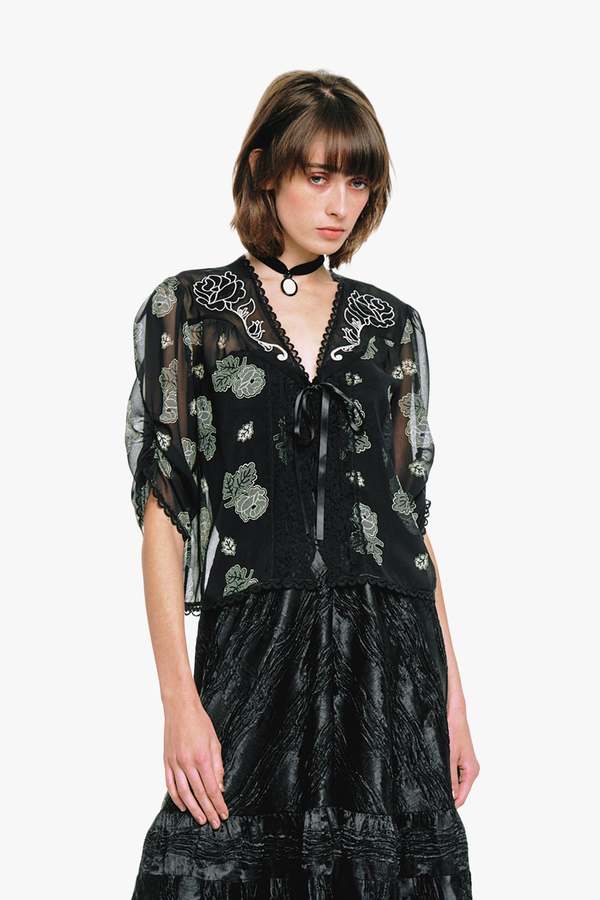 Anna Sui Lily and Roses Chiffon Combo Embroidered Bed Jacket Anna Sui Lily and Roses Chiffon Combo Embroidered Bed Jacket