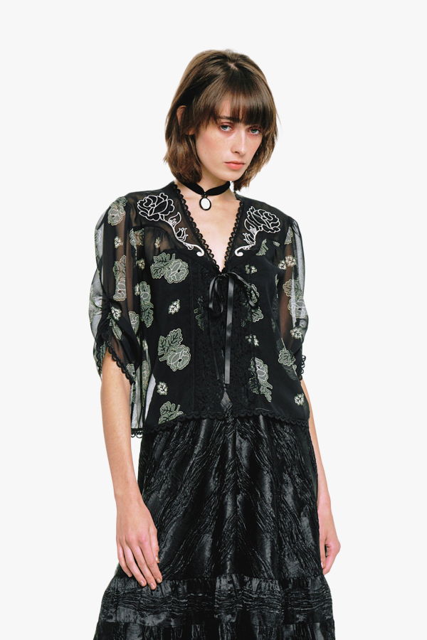 Anna Sui Lily and Roses Chiffon Combo Embroidered Bed Jacket