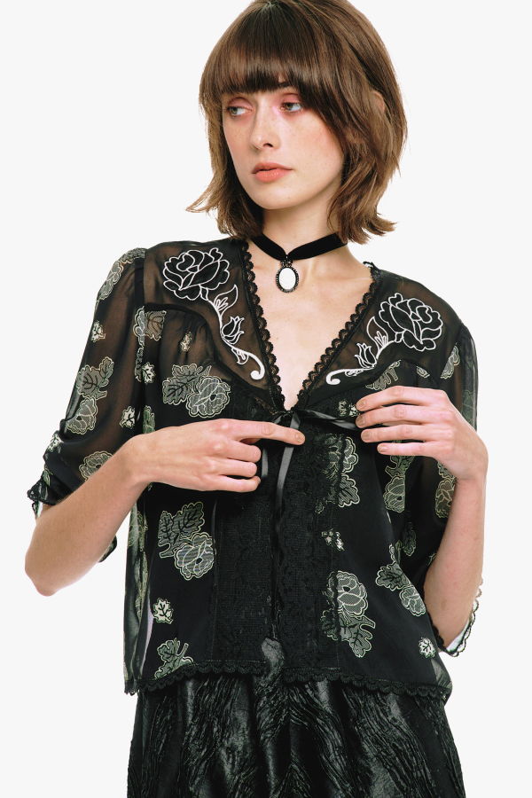 Anna Sui Lily and Roses Chiffon Combo Embroidered Bed Jacket