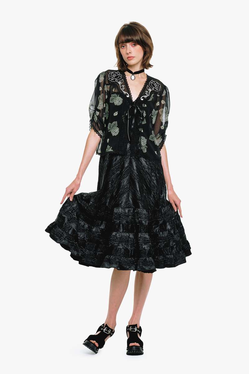 Anna Sui Lily and Roses Chiffon Combo Embroidered Bed Jacket