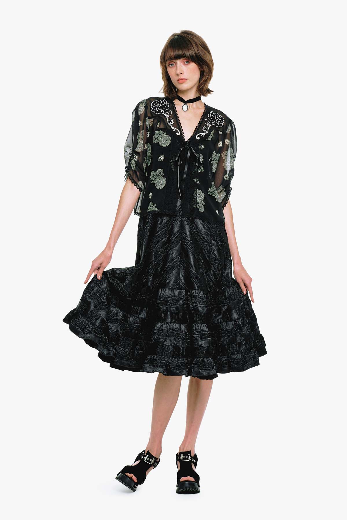 Anna Sui Lily and Roses Chiffon Combo Embroidered Bed Jacket - Image 3 of 8