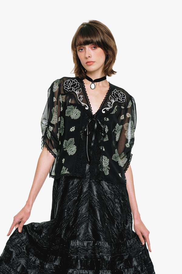 Anna Sui Lily and Roses Chiffon Combo Embroidered Bed Jacket