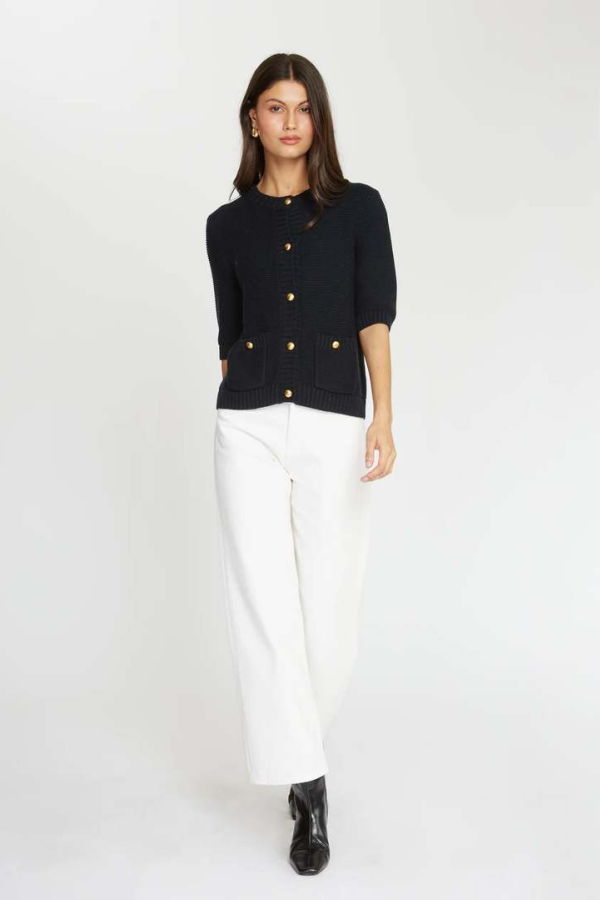 Autumn Cashmere Buttoned Elbow Sleeve Sweater Jacket Cardigan - Black