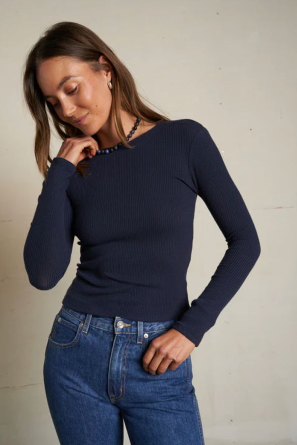PERFECTWHITETEE Jolie Ribbed L/S Crewneck Sweater Top - Navy