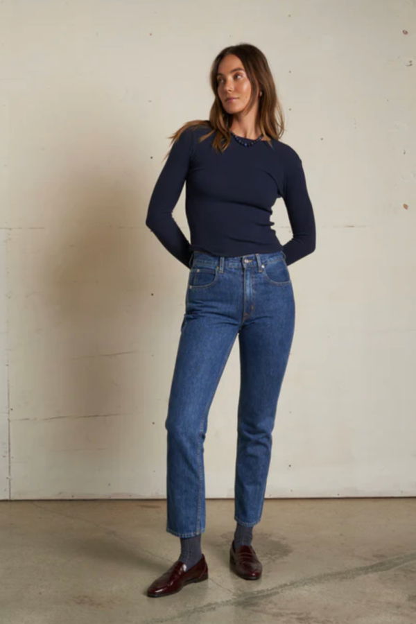 PERFECTWHITETEE Jolie Ribbed L/S Crewneck Sweater Top - Navy