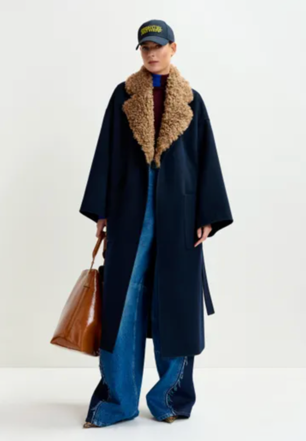 Essentiel Antwerp Irno Belted Coat with Removable Faux Fur Collar - Navy Essentiel Antwerp Irno Belted Coat with Removable Faux Fur Collar - Navy