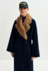 Essentiel Antwerp Irno Belted Coat with Removable Faux Fur Collar - Navy - Thumbnail 2