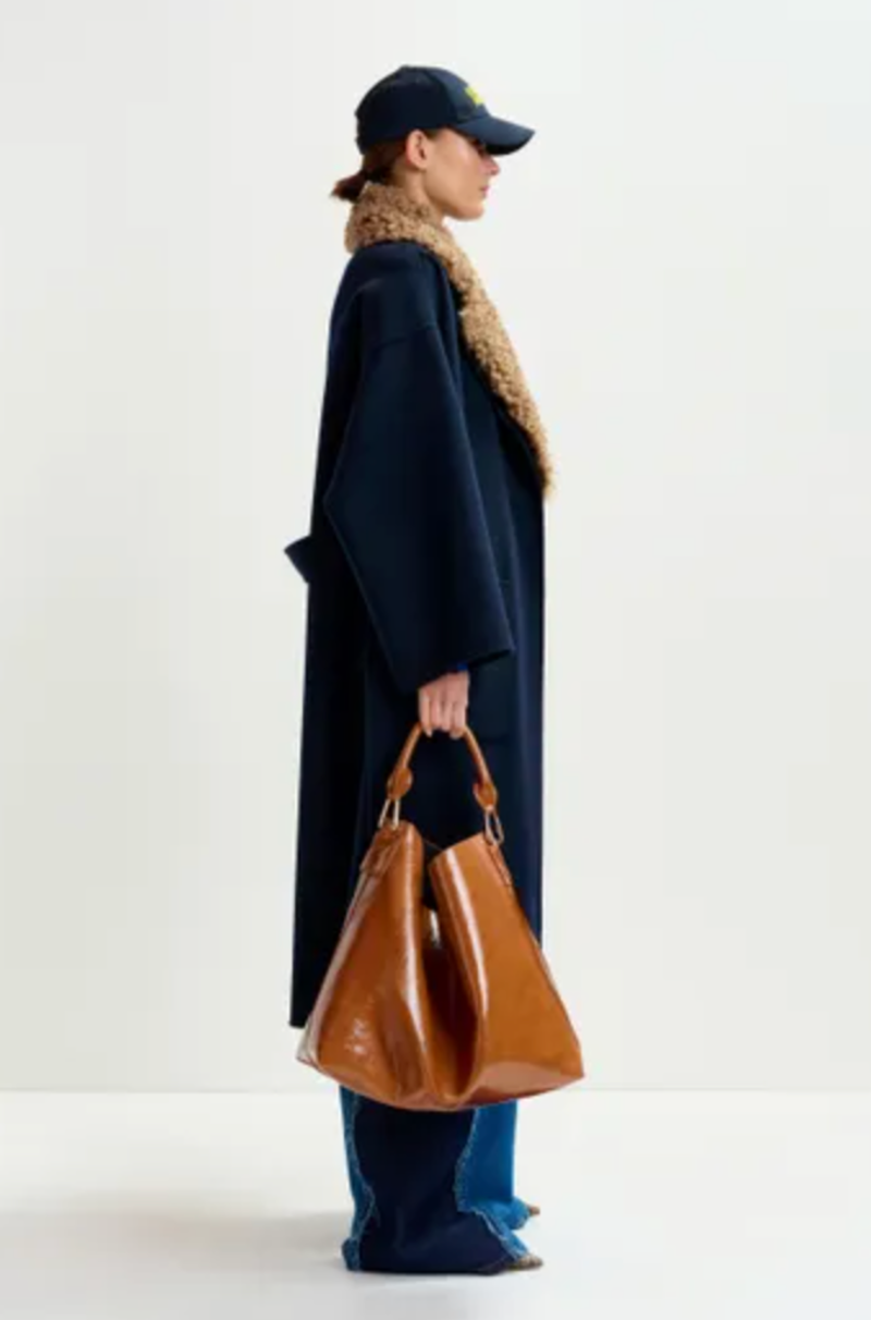 Essentiel Antwerp Irno Belted Coat with Removable Faux Fur Collar - Navy