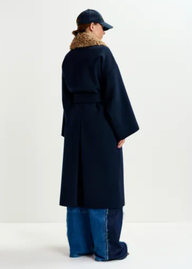 Essentiel Antwerp Irno Belted Coat with Removable Faux Fur Collar - Navy