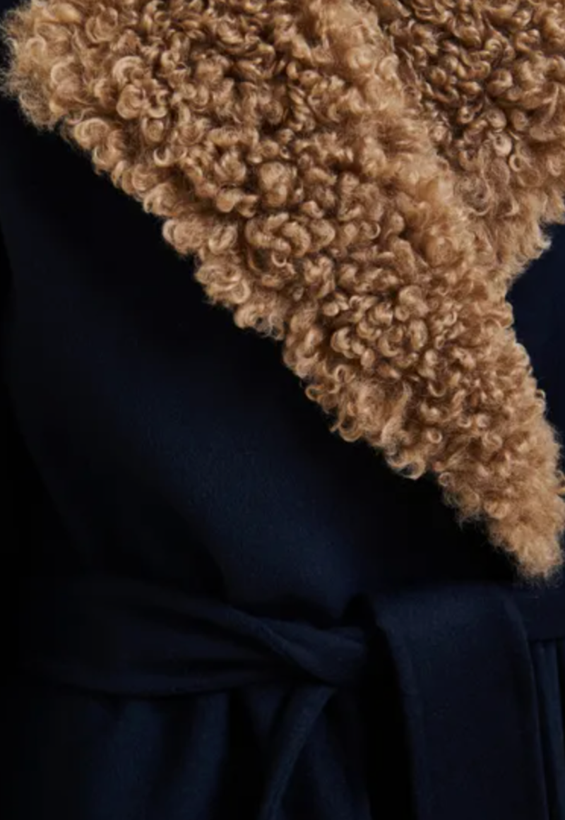 Essentiel Antwerp Irno Belted Coat with Removable Faux Fur Collar - Navy