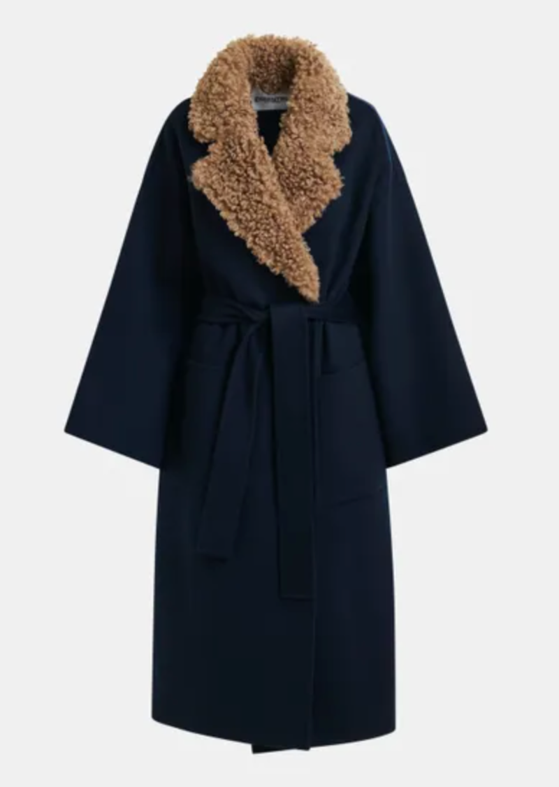 Essentiel Antwerp Irno Belted Coat with Removable Faux Fur Collar - Navy