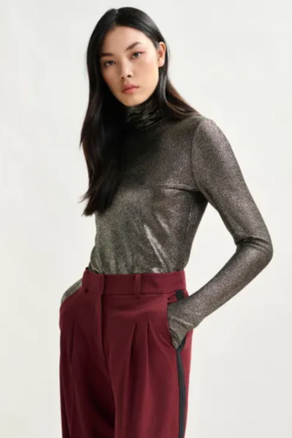 Essentiel Antwerp Ilevate Metallic Jersey Turtleneck Top - Silver