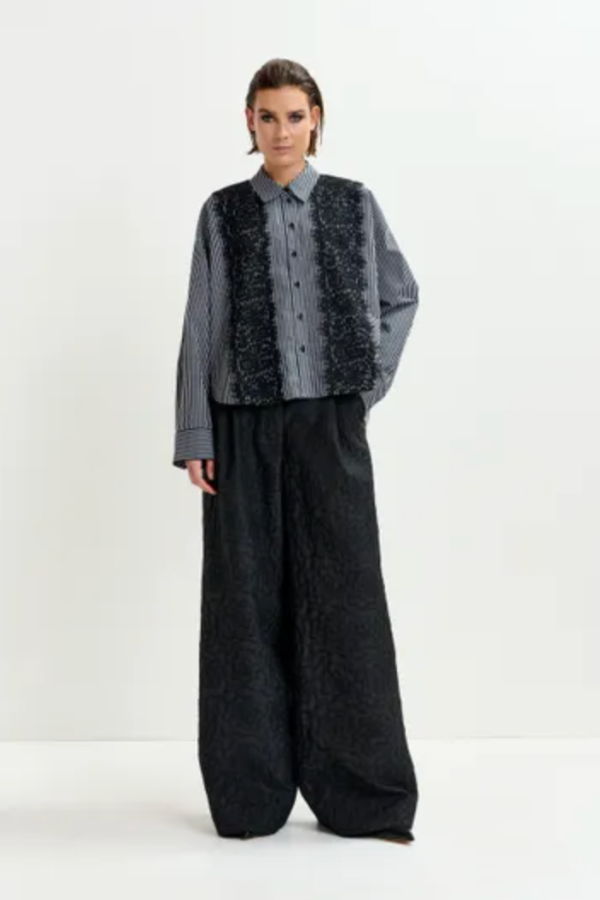 Essentiel Antwerp Isan Lace Trim Button Down Top - Black