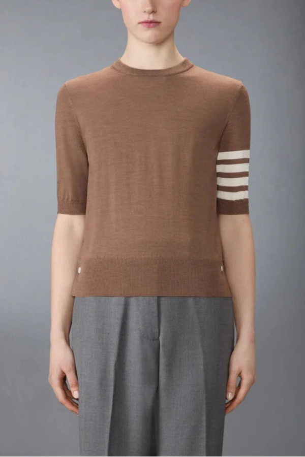 Thom Browne Fine Merino Wool 4-Bar Tee Top - Brown