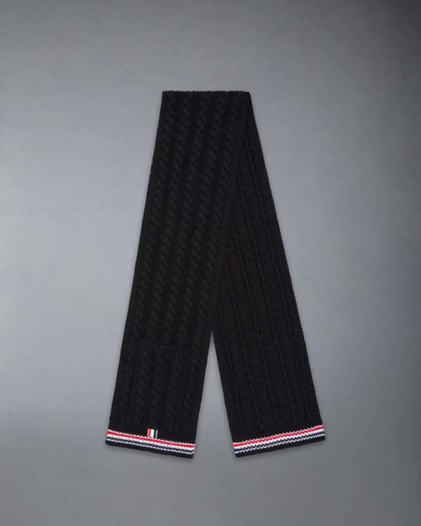 Thom Browne Cashmere Baby Cable Stitch RWB Stripe Pocket Scarf - Black