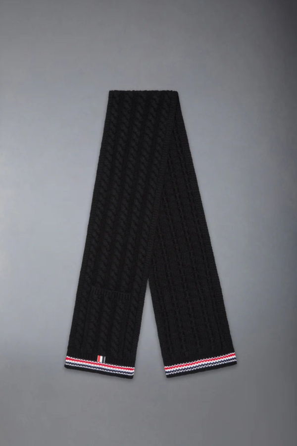 Thom Browne Cashmere Baby Cable Stitch RWB Stripe Pocket Scarf - Black