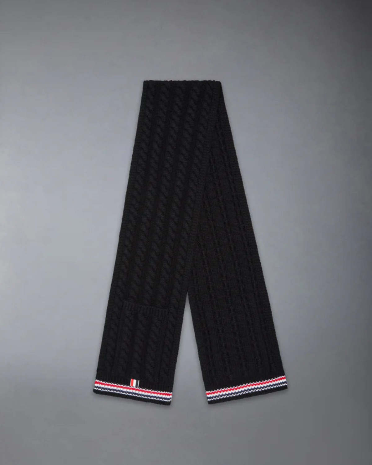 Thom Browne Cashmere Baby Cable Stitch RWB Stripe Pocket Scarf - Black - Image 2 of 3