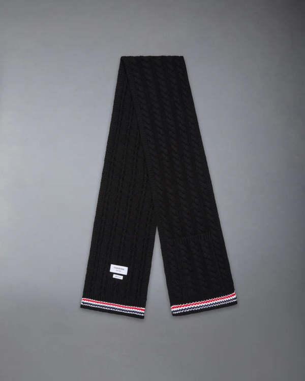 Thom Browne Cashmere Baby Cable Stitch RWB Stripe Pocket Scarf - Black