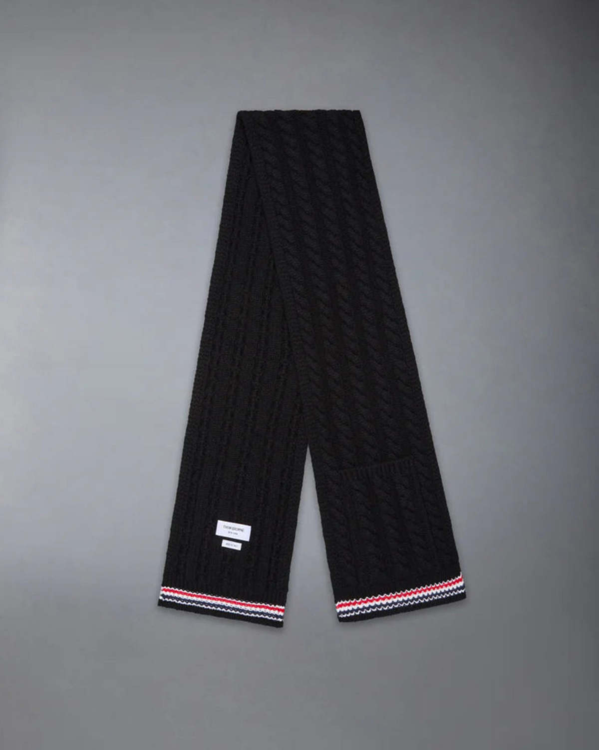 Thom Browne Cashmere Baby Cable Stitch RWB Stripe Pocket Scarf - Black - Image 3 of 3