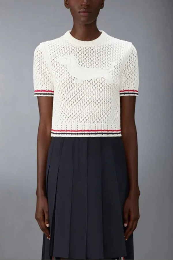 Thom Browne Cotton Pointelle Stitch Hector RWB Tee - White