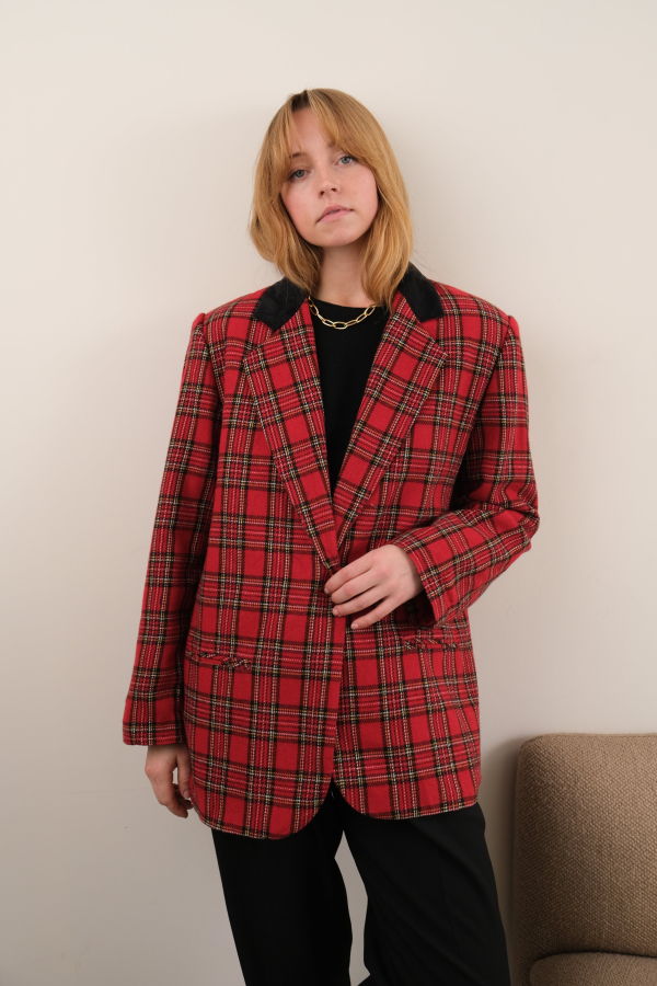 Hermine Vintage 90s Garnet Plaid Long Sleeve Button Up Blazer - Red