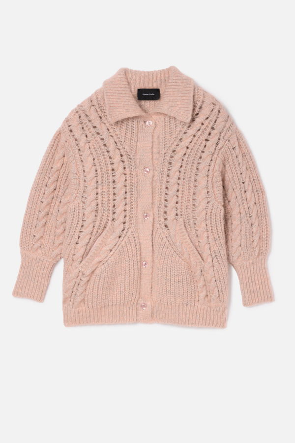 Simone Rocha Sculpted Collared Chunky Knit Cardigan with Embroidery Cardigan - Pink