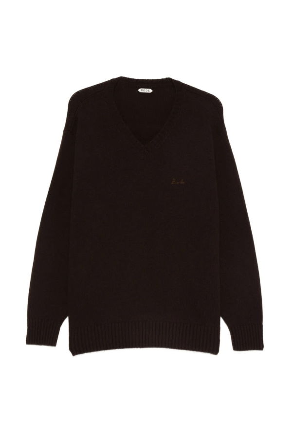BODE Embroidered Logo V-Neck Sweater - Brown