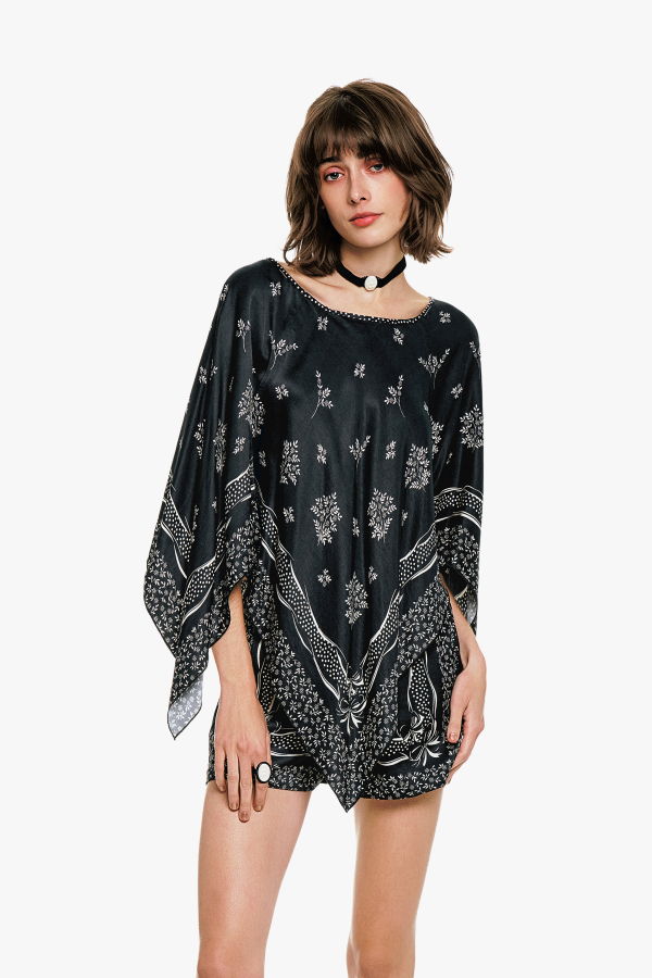 Anna Sui Ribbon Handkerchief Satin Print Poncho
