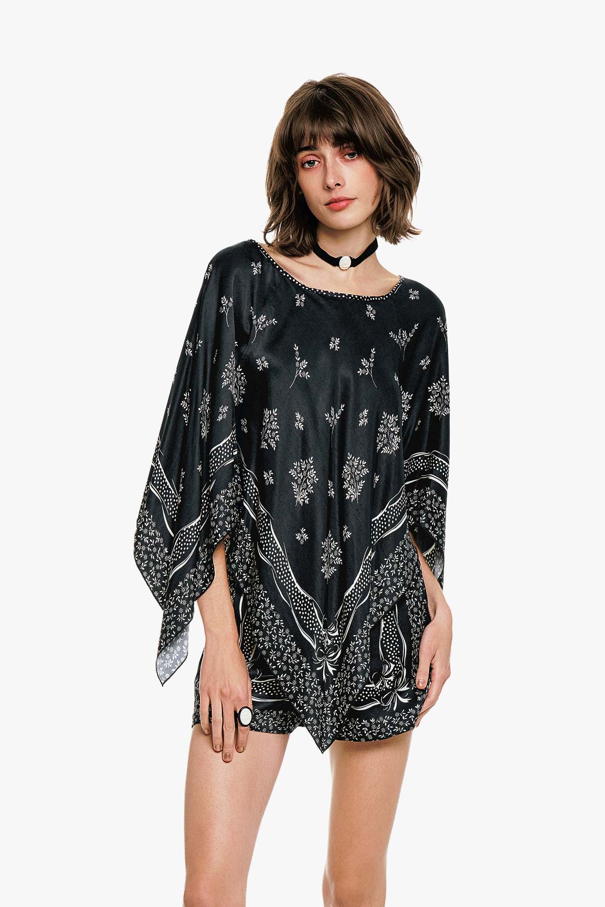 Anna Sui Ribbon Handkerchief Satin Print Poncho - Image 1 of 7