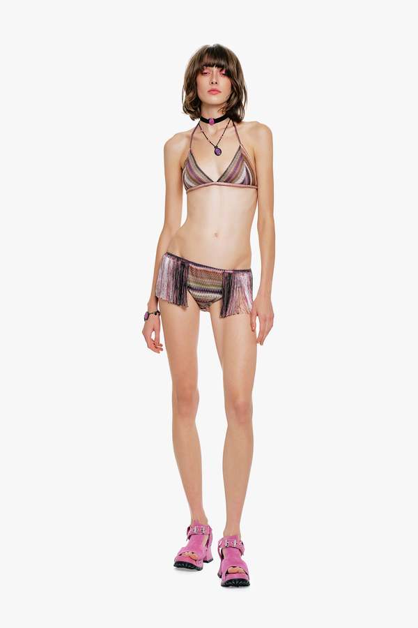 Anna Sui Wavy Chevron Knit Fringe Stripe Bikini Set