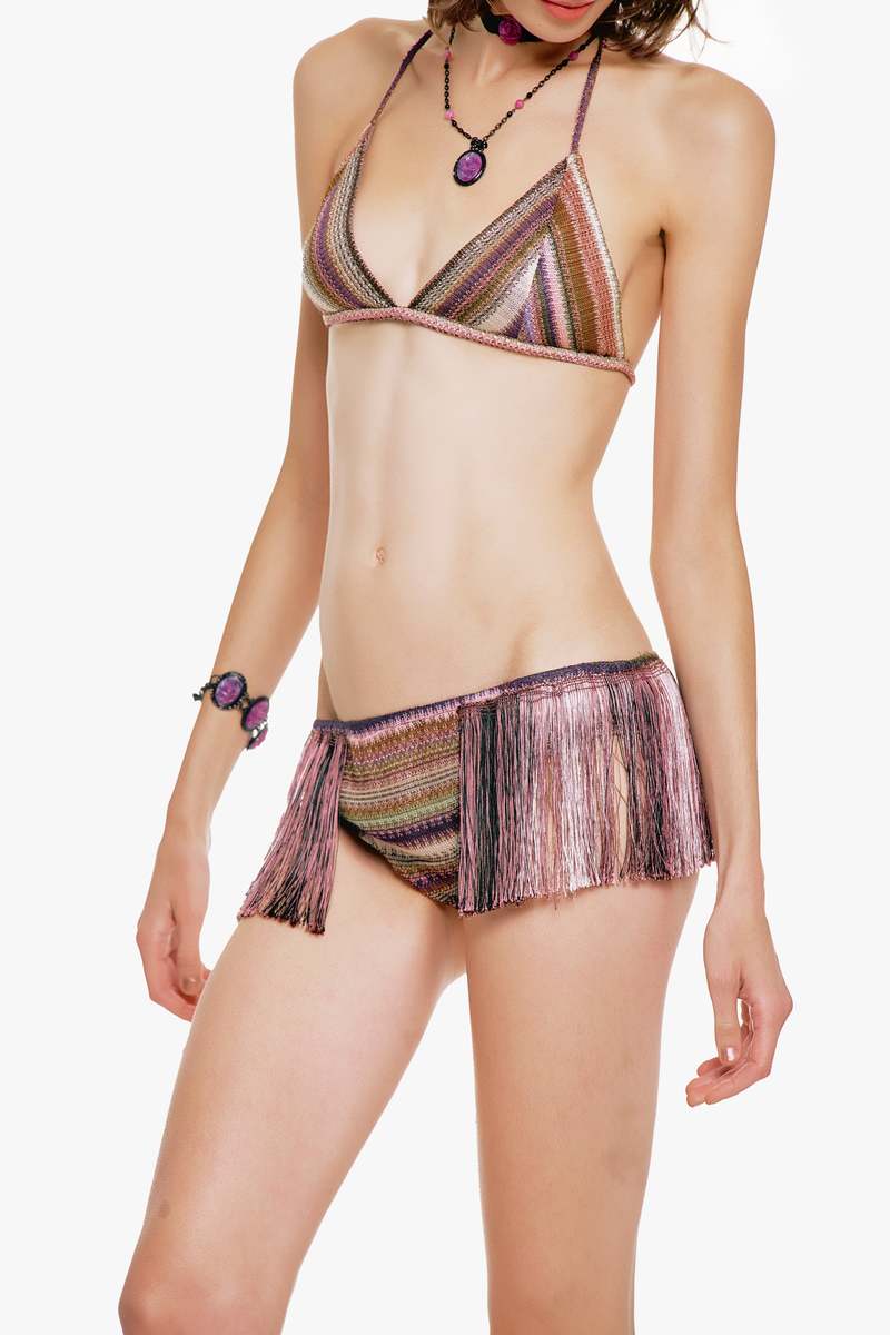 Anna Sui Wavy Chevron Knit Fringe Stripe Bikini Set