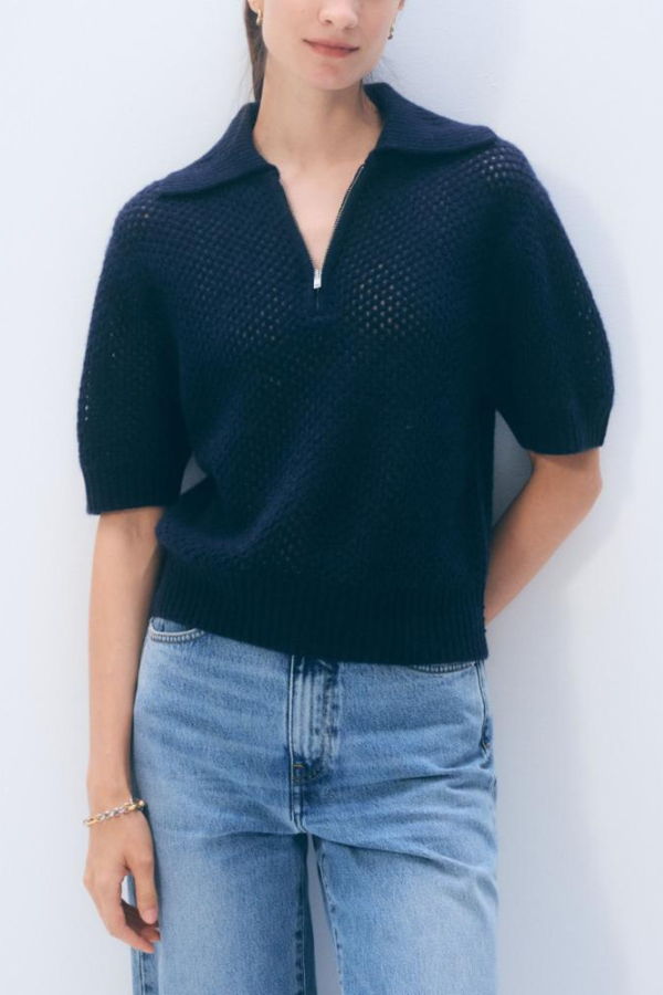 White + Warren Cashmere Mesh Polo - Deep Navy