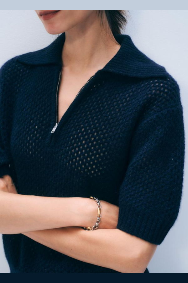 White + Warren Cashmere Mesh Polo - Deep Navy