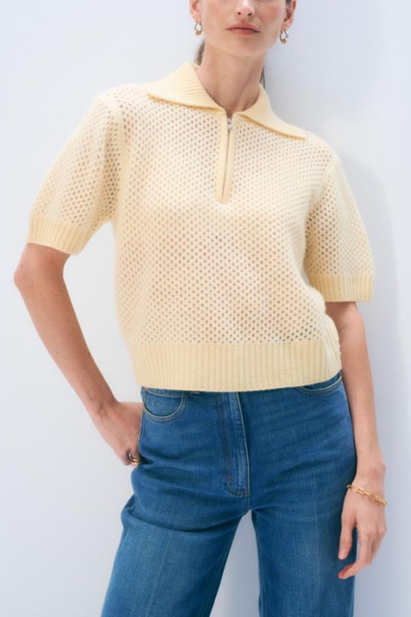 White + Warren Cashmere Mesh Polo Top - Lemonade