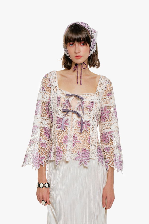 Anna Sui Medallion Floral Lace Tie Blouse